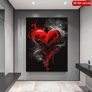 2D Flat, 1pc Elegant Red & Black Love Heart - Framed Wrapped Canvas with Solid Wood Frame, Romantic Swirl Heart Design Suitable for Home, Bedroom, Office Decor - Perfect Gift for & Men, Valentine' Day, Wedding, Anniversary, 2D Flat	