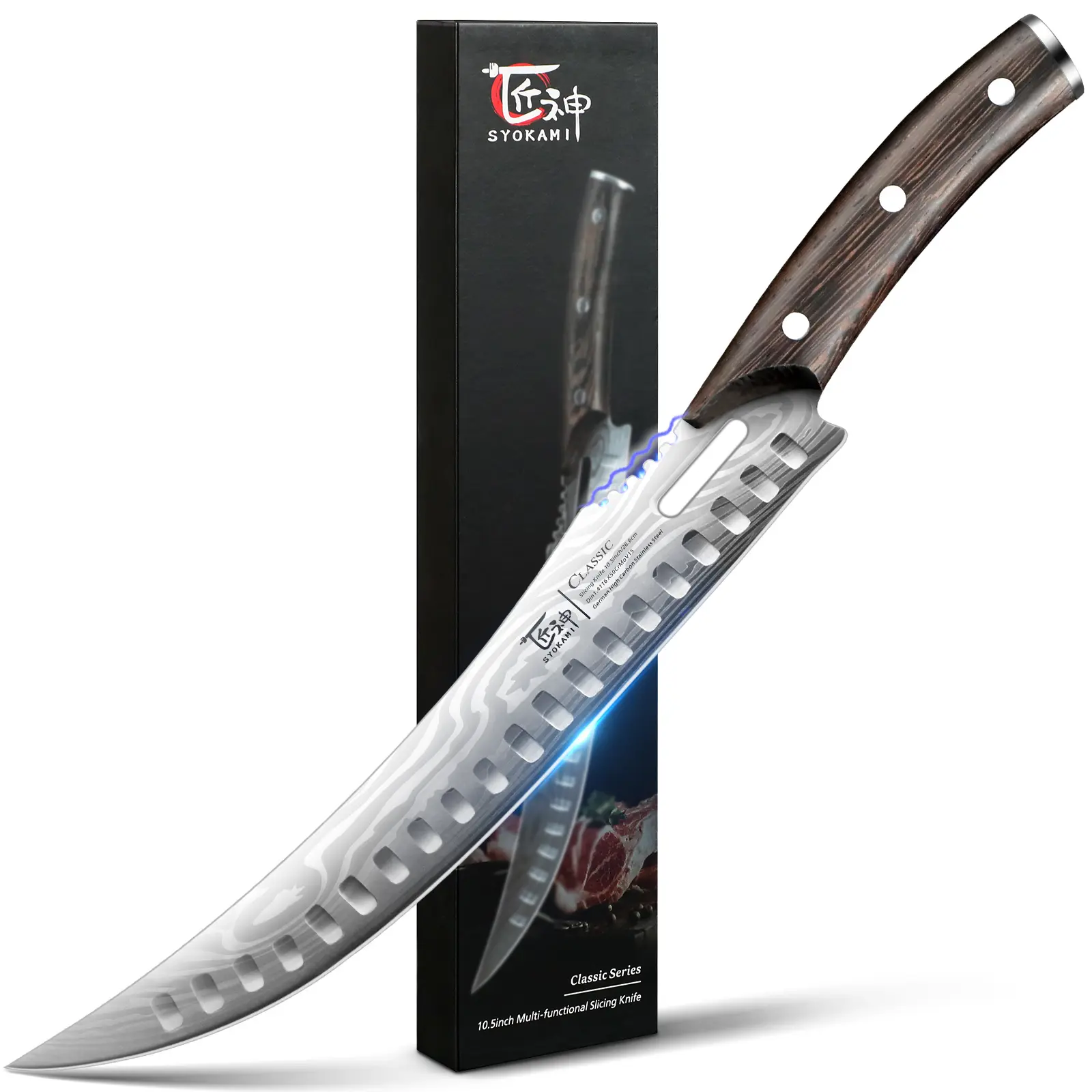 【DealsForYouDays】 SYOKAMI Stainless Steel Butcher Knife, 10.5 Inch High Carbon Japanese Style Carving Knife with Wood Full Tang Wooden Handle, Damascus Pattern Cooking Knives, Razor Sharp Breaking Kitchenware with Gift Box Ideal for Valentine's Day
