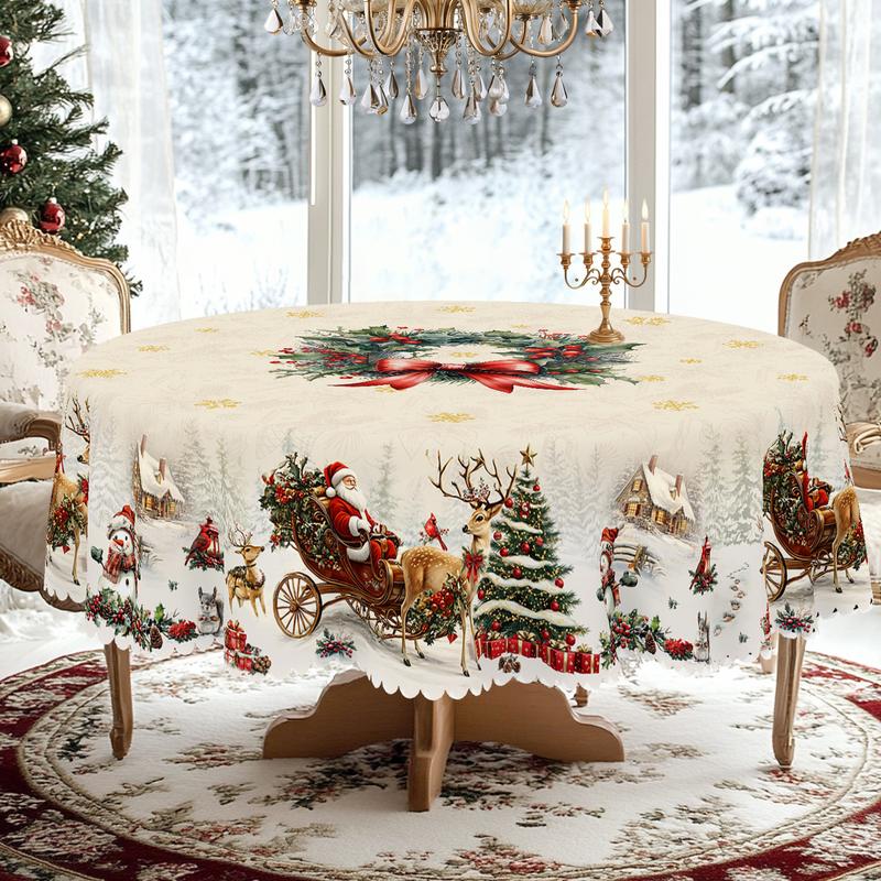 QUNTUE Christmas Winter Berry Wreath Pattern Tablecloth, 2025 Christmas Party Decoration, Garden Party, Restaurant Decoration, Indoor Outdoor Holiday Decorations, Round and Rectangle Multi Sizes, Gift for Friends