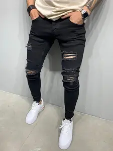 SRETOUU New Street Style Men’s Distressed Denim Jeans – Fashionable Solid Color Casual Stretch Slim Fit Long Jeans Menswear Classic Streetwear