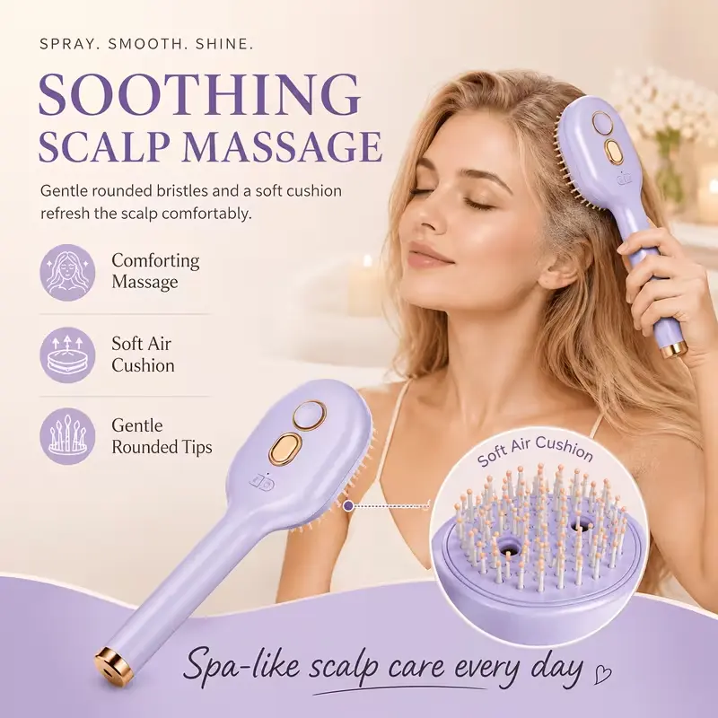 Rechargeable Essential Oil Spray Detangling Comb - Anti-Frizz Soft Hair Styling Tool, Scalp Massage, Smoothing & Dirt Removal Functions, Portable Multifunctional Hair Comb Set for Home/Travel