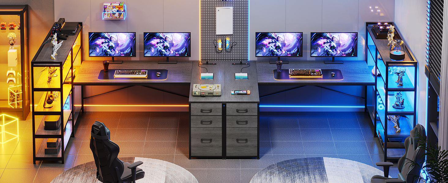 SIKAIC 64.5 Inches Reversible U Shaped LED Gaming Desk Grey with Storage Drawers Open Shelves Dual Monitor Mount RGB Light Durable Home Office Setup