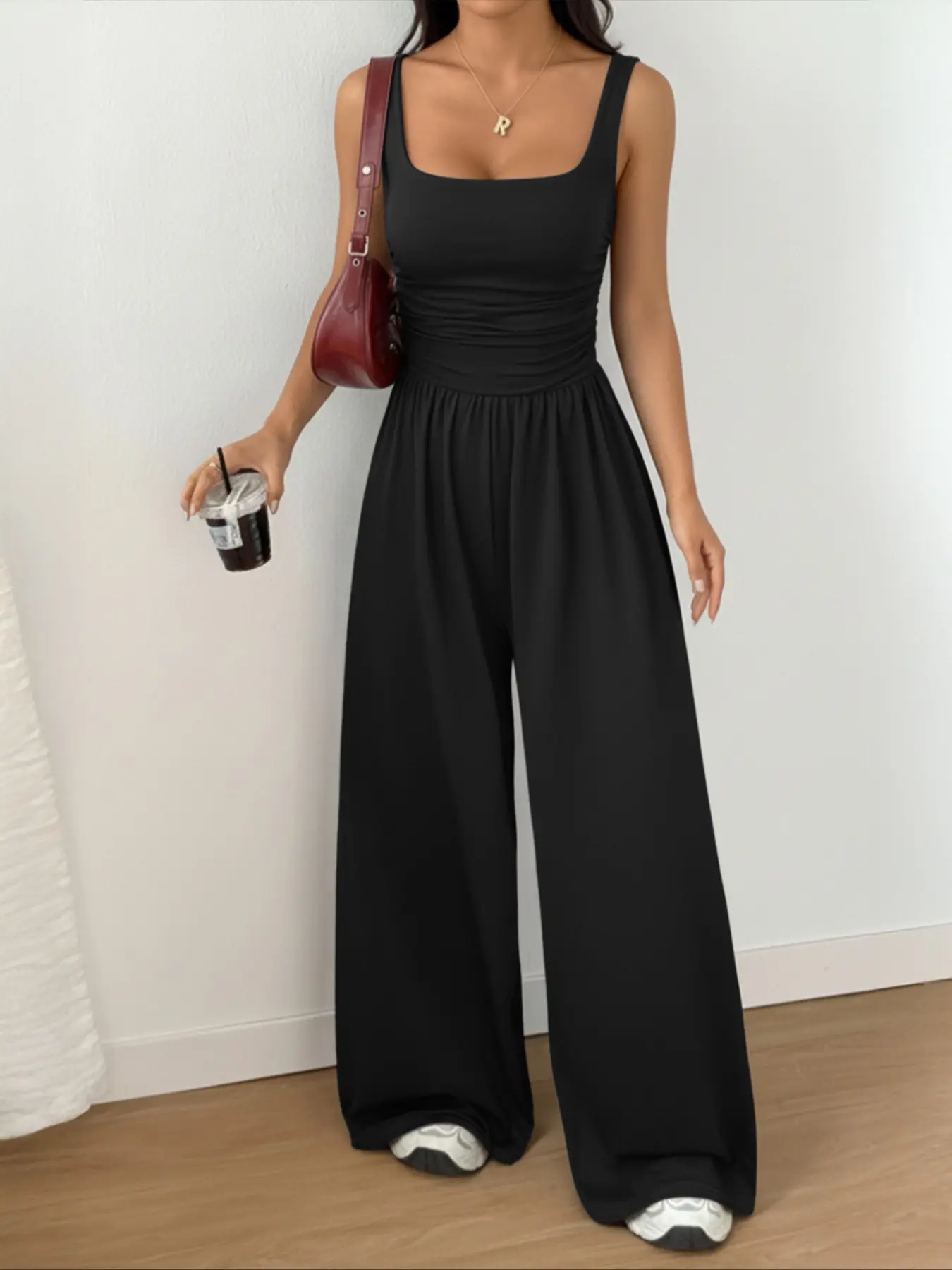 New Women's Knitted Plain Square Neck Fitted Wide Leg Jumpsuit, Overall Jumpsuits, Simple Minimalist Casual Design, Versatile Casual Fashion Jumpsuit for All-Season Wear, Casual Comfy Jumpsuit