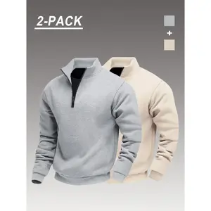 Men's Classic Solid Color Half-Zip Sportswear, Fitted Casual Athletic Hoodie Sweatshirt, Fall & Winter Fashion, Plain Pattern