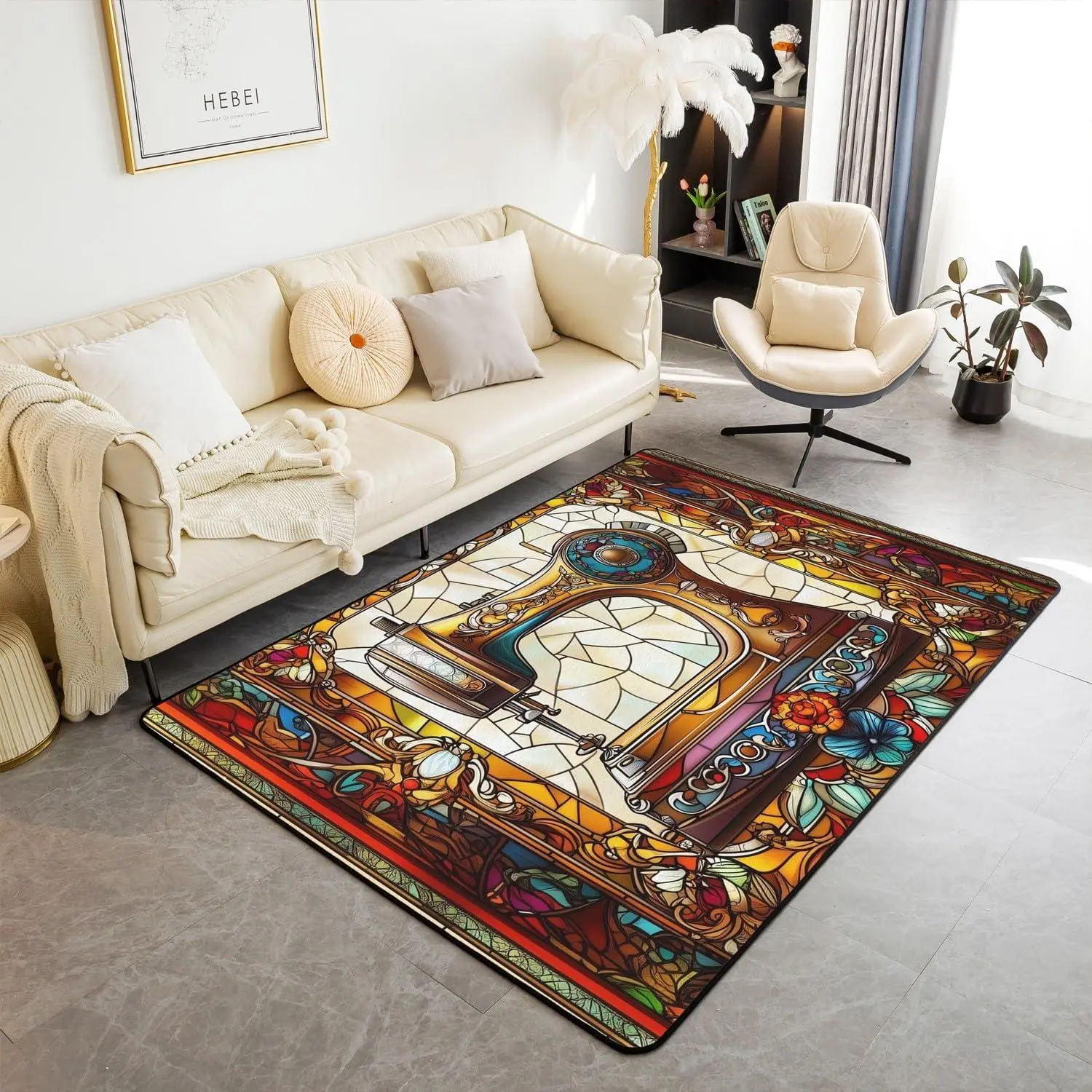 Sewing Machine Area Rug,Craft Handmade Stitching Vintage Indoor Floor Mat Entrance Rug,Geometric Patchwork Abstract Non Slip Rug,Brown Retro Couch Living Room Decor