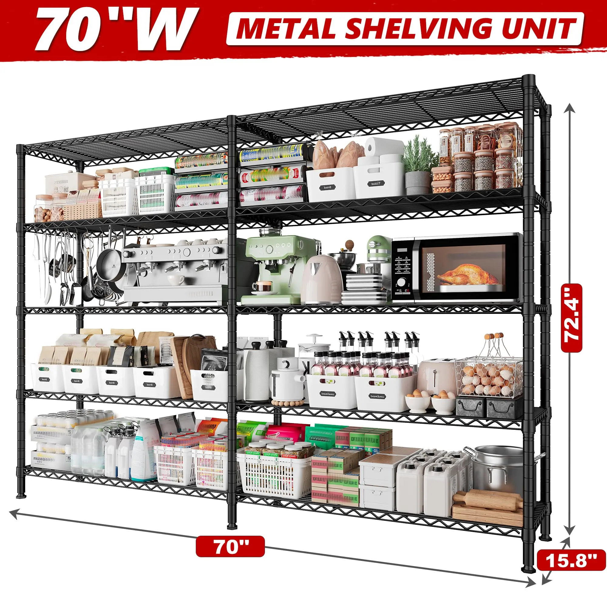 Raybee Furniture 5 Tier Storage Shelves 1400LBS Wire Shelving Unit Metal Shelving for Storage Rack Shelves for Storage Heavy Duty Garage Shelf Pantry Shelves Kitchen Shelving Organiser