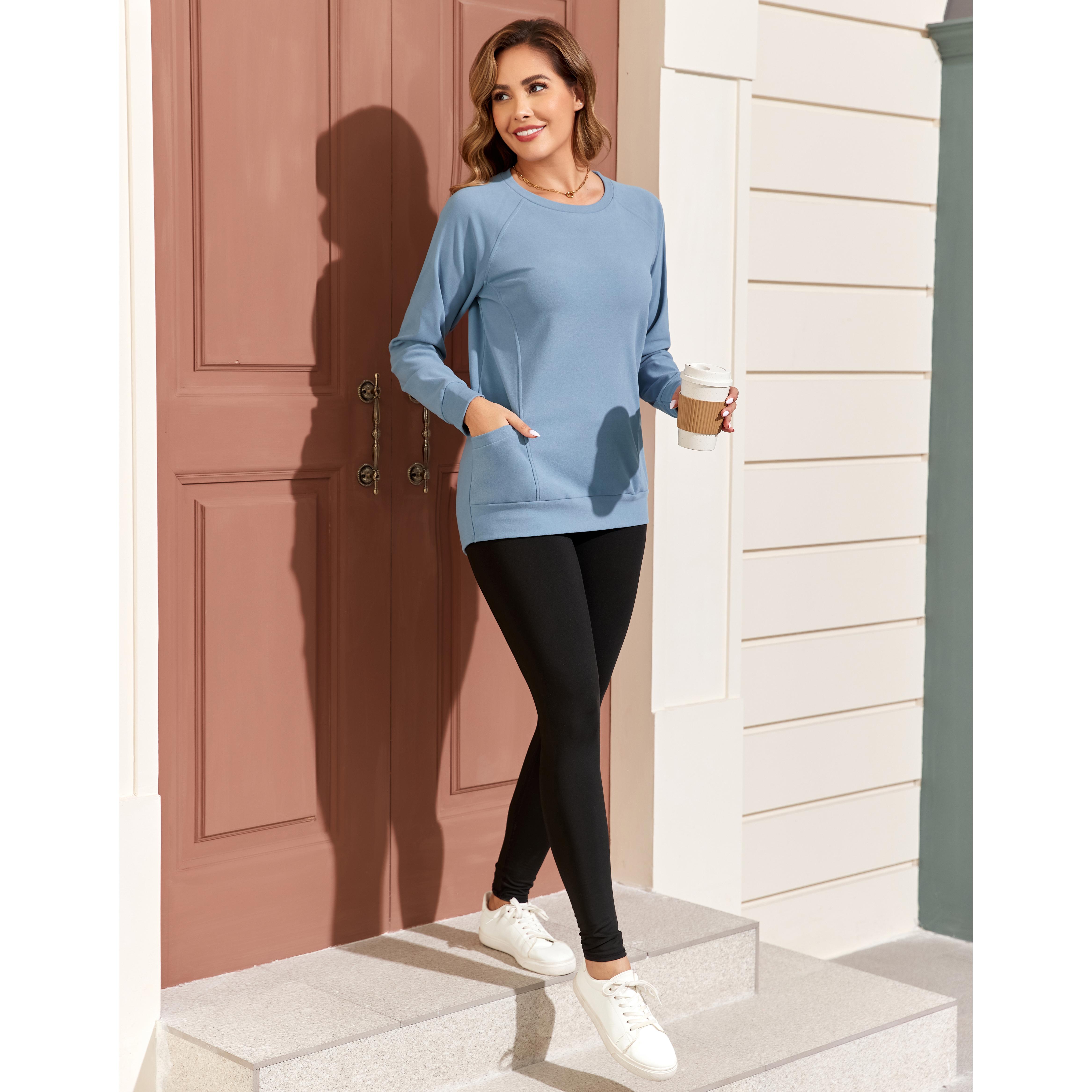 AUSELILY Women's Long-Sleeve Lightweight Sweatshirt with Side Pockets Womenswear Tops Extra Length Pullover