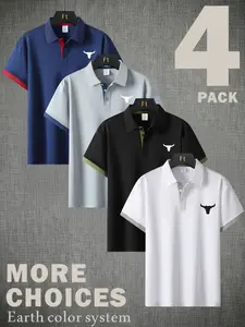Men’s 4-Pack Premium Polo Shirt Set with Distinctive Bull Emblem – Trendy Color-Blocked Collared Tees for Versatile Outfits