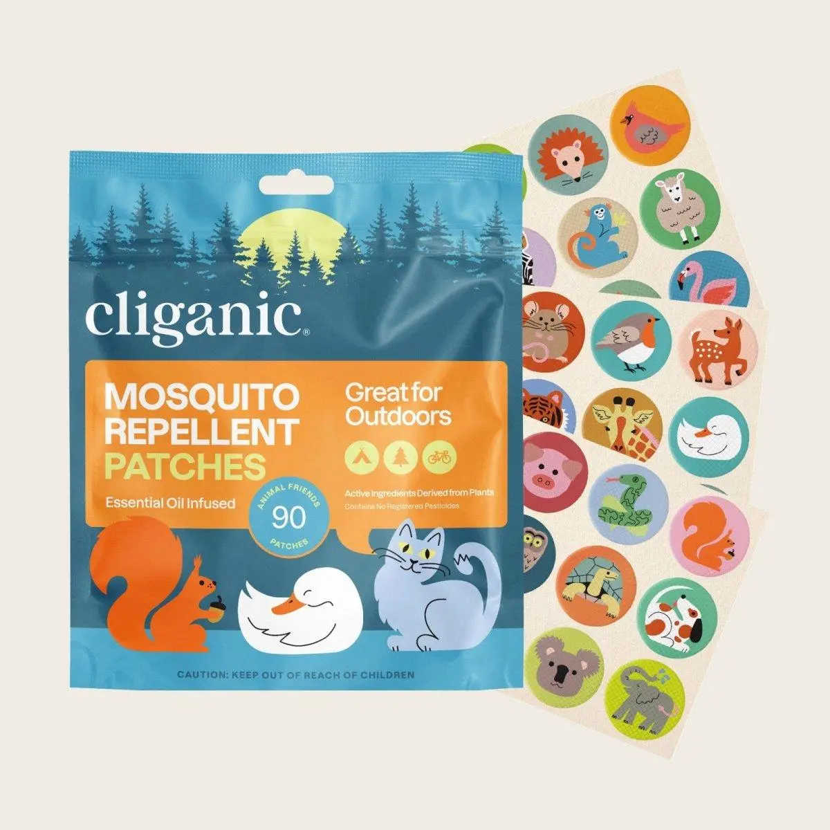 Cliganic Mosquito Repellent Patches - for Kids & Adults Shaped Badges with Essential Oils, DEET-Free & Natural Bug Protection for Travel, Camping & Outdoor Play (Animals, Positive Vibes, Adventure, Solid)