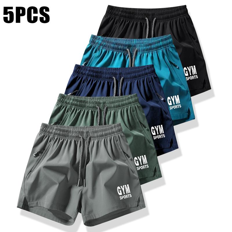 Men's Drawstring Pocket Shorts, Men's Clothing, Athletic Casual Stretch Waist Pocket Shorts, Breathable Everyday Wear Workout Pants Set of 5