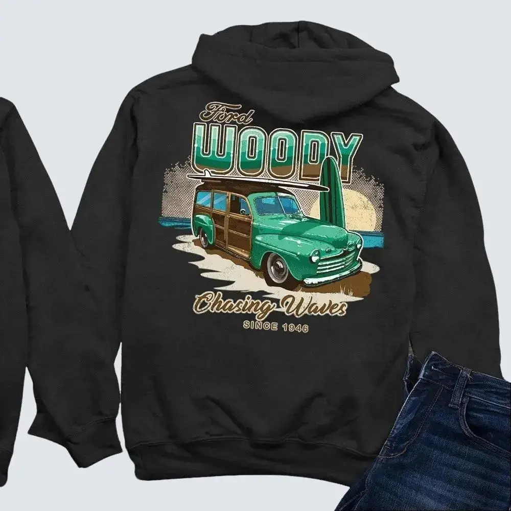 Vintage Ford Woody Car Hoodie - Classic Beach Surfer Graphic Sweatshirt-Retro Woody Wagon Pullover for Men & Women-Chasing Waves Coastal Style Hooded Top-Car Enthusiast Gift
