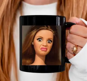 (Sale up to 55% + Freeship) Funny Doll Face Mug, Disgusted Barbie Meme Coffee Cup, Sarcastic Reaction Gift, Weird Humor Tea Cup, Unhinged Meme Mug