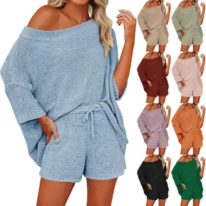 LAICIGO Women's Spring Casual Style 2 Piece Outfits Sweater Sets Sexy Off Shoulder Knit Top Shorts Cute Pajama Lounge Set