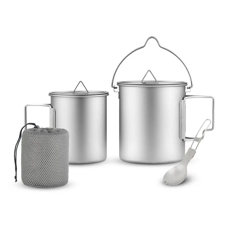 Titanium Camping Cookware with Folding Spork, 750ml Camping Titanium Pot & 450ml Coffee Mug with Foldable Handle & Lid, Portable Outdoor Cookware Set for Backpacking Hiking Cooking