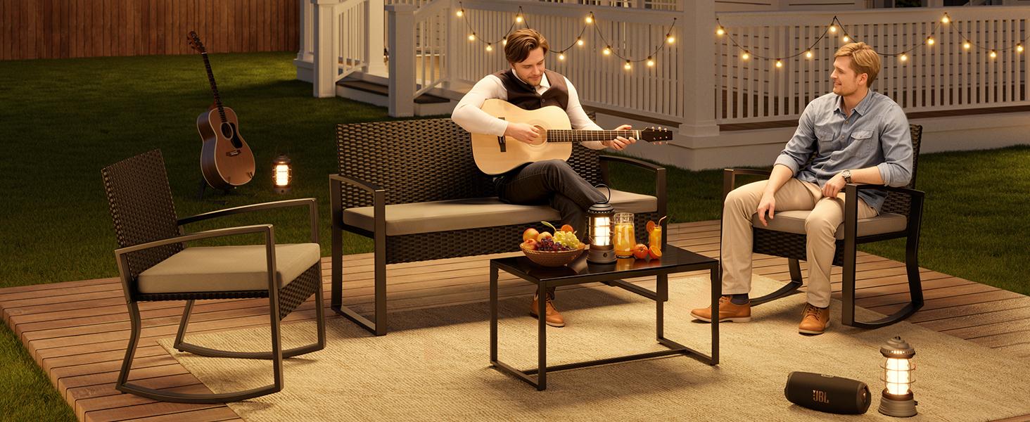 Gizoon 4 Piece Outdoor Patio Furniture Set, Wicker Patio Furniture with Glass Coffee Table, Rocking Wicker Bistro Set, for Backyard, Poolside, Porch (Grey)