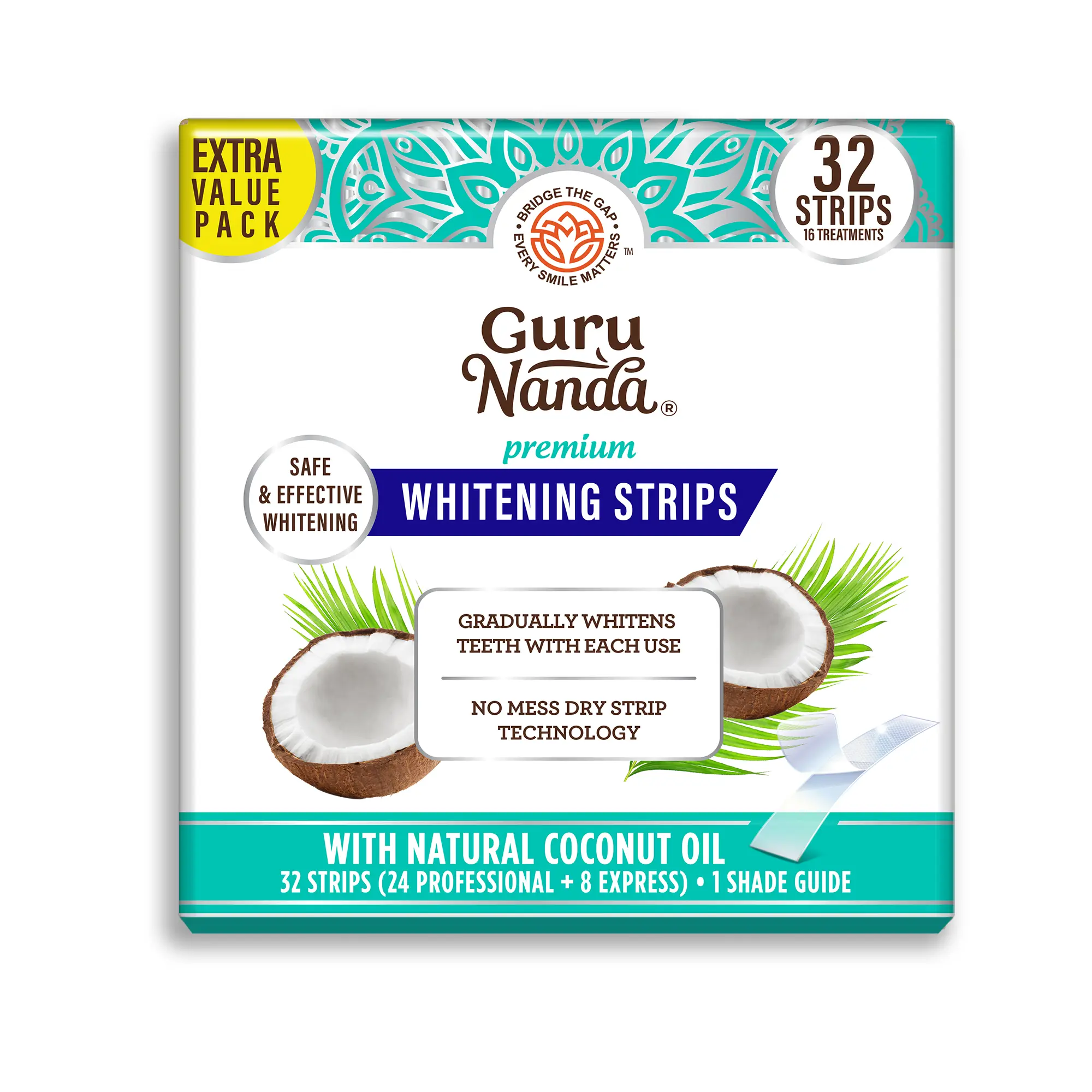 GuruNanda Teeth Whitening Strips - 16 Day Treatment (16 Packets - 2 Strips per pack) - Non-Slip, Dry Strip Technology