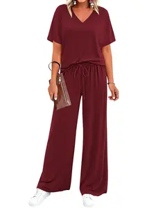 BTFBM 2-Piece Sets for Women Summer V Neck Short Sleeve Lounge Set Wide Leg Pants Matching Set Airport Travel Outfits