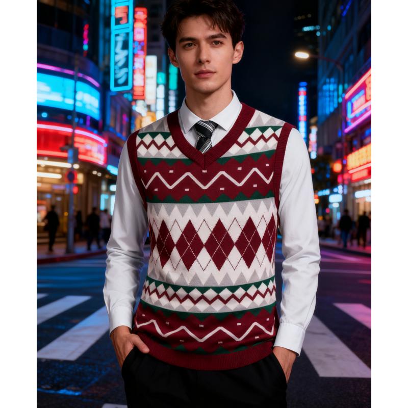 Fall Outfits Men's V-Neck Sleeveless Argyle Sweater Vest Slim Fit Casual Knitted Pullover for Spring Autumn Winter Office Wear & Party Events Fall Outfits Men's V-Neck Sleeveless Argyle Sweater Vest Slim Fit Casual Knitted Pullover for Spring Autumn Winter Office Wear & Party Events