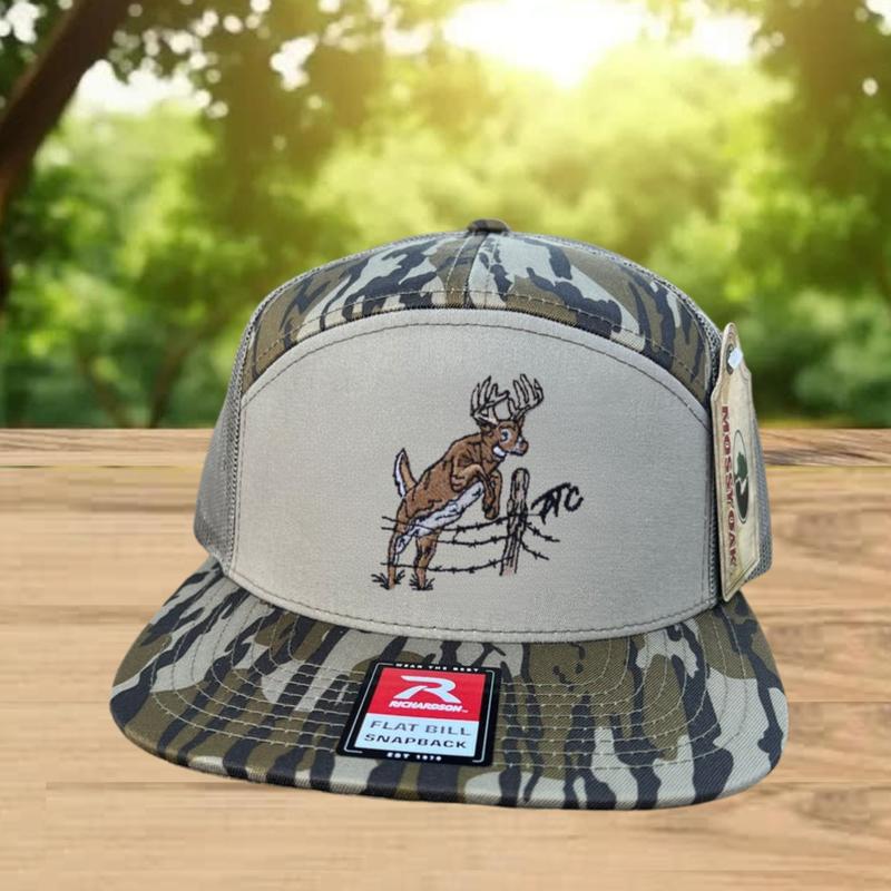 Whitetail Deer 7 Panel Hat | Fence Jump Embroidery Design | Bottomland Camo Flat Bill Trucker Cap | Hunting Mesh Snapback