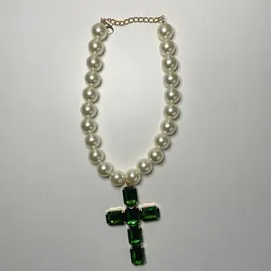 Pearl Necklace with Emerald Green Crystal Cross Pendant