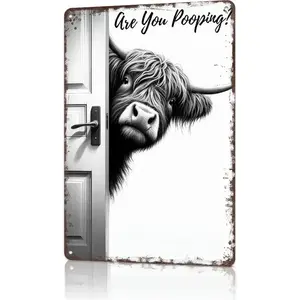 Vintage Highland Cow Aluminum Sign: Funny "Are You Pooping?" Black and White Bathroom Wall Decor for Western & Highland Cow Lovers 8 x 12 Inch