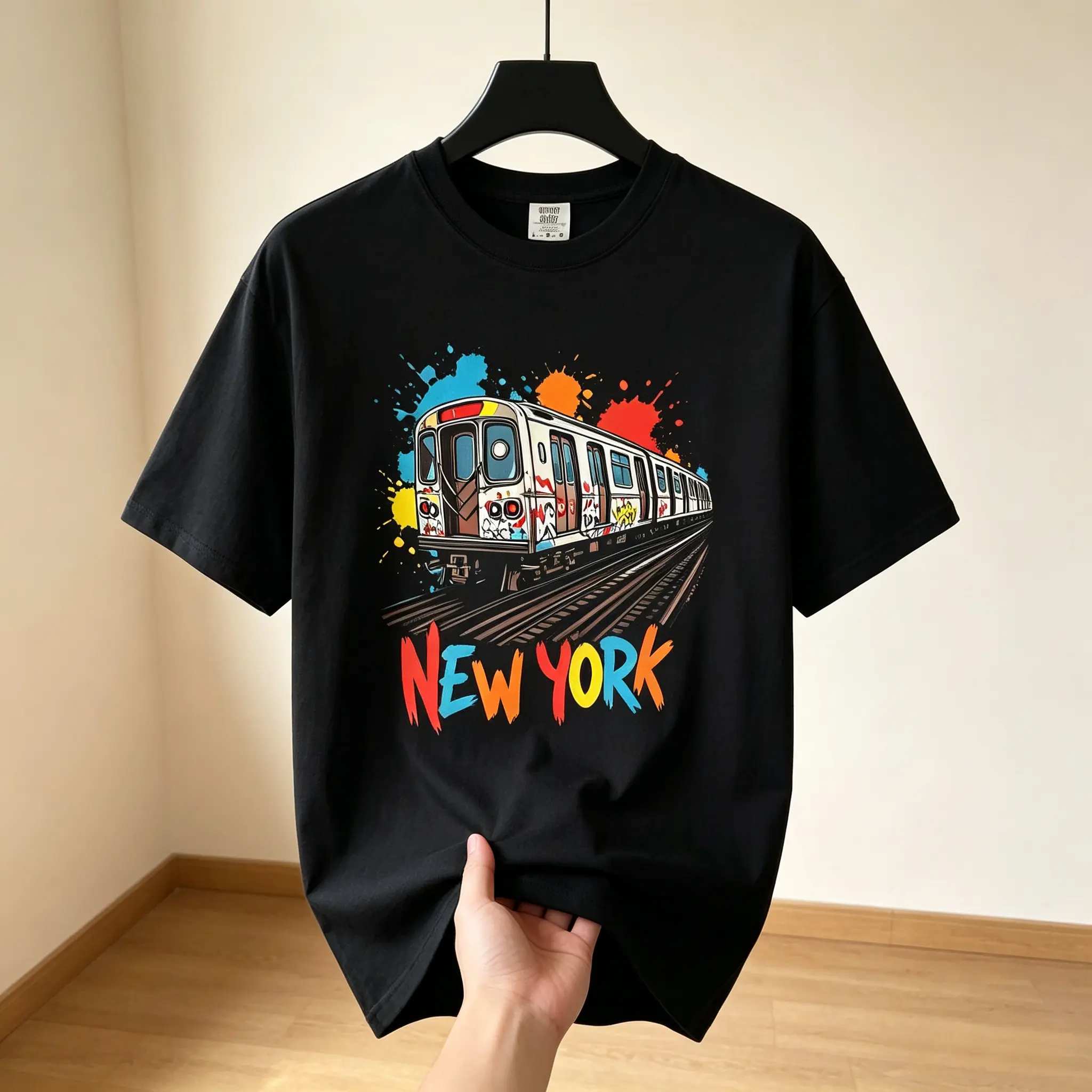 New York Subway T-Shirt - Black White Short Sleeve Crew Neck with Colorful Train Design for Men Women,bundle