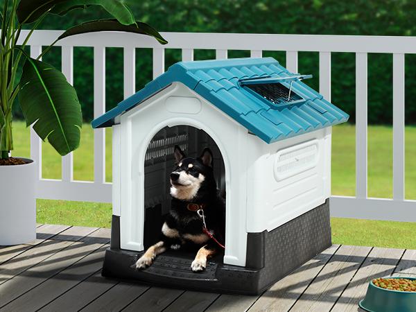 YITAHOME 33.1'' Folding Large Dog House Outdoor Plastic Doghouse with Adjustable Skylight and Elevated Base Water Resistant Pet House for Small, Medium Dogs