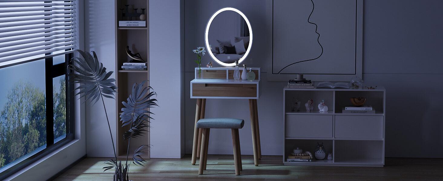 Small Makeup Vanity Desk with Lights, Compact Vanity Desk with Adjustable Brightness Mirror for Small Spaces, Dressing Table with Drawers and Storage Shelves IF041 Small Makeup Vanity Desk with Lights, Compact Vanity Desk with Adjustable Brightness Mirror for Small Spaces, Dressing Table with Drawers and Storage Shelves IF041