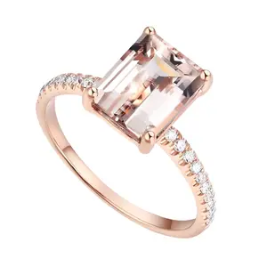 14k Rose Emerald Cut 2.8ct Peach Morganite 0.16 Ct Natural Diamond Option Ring