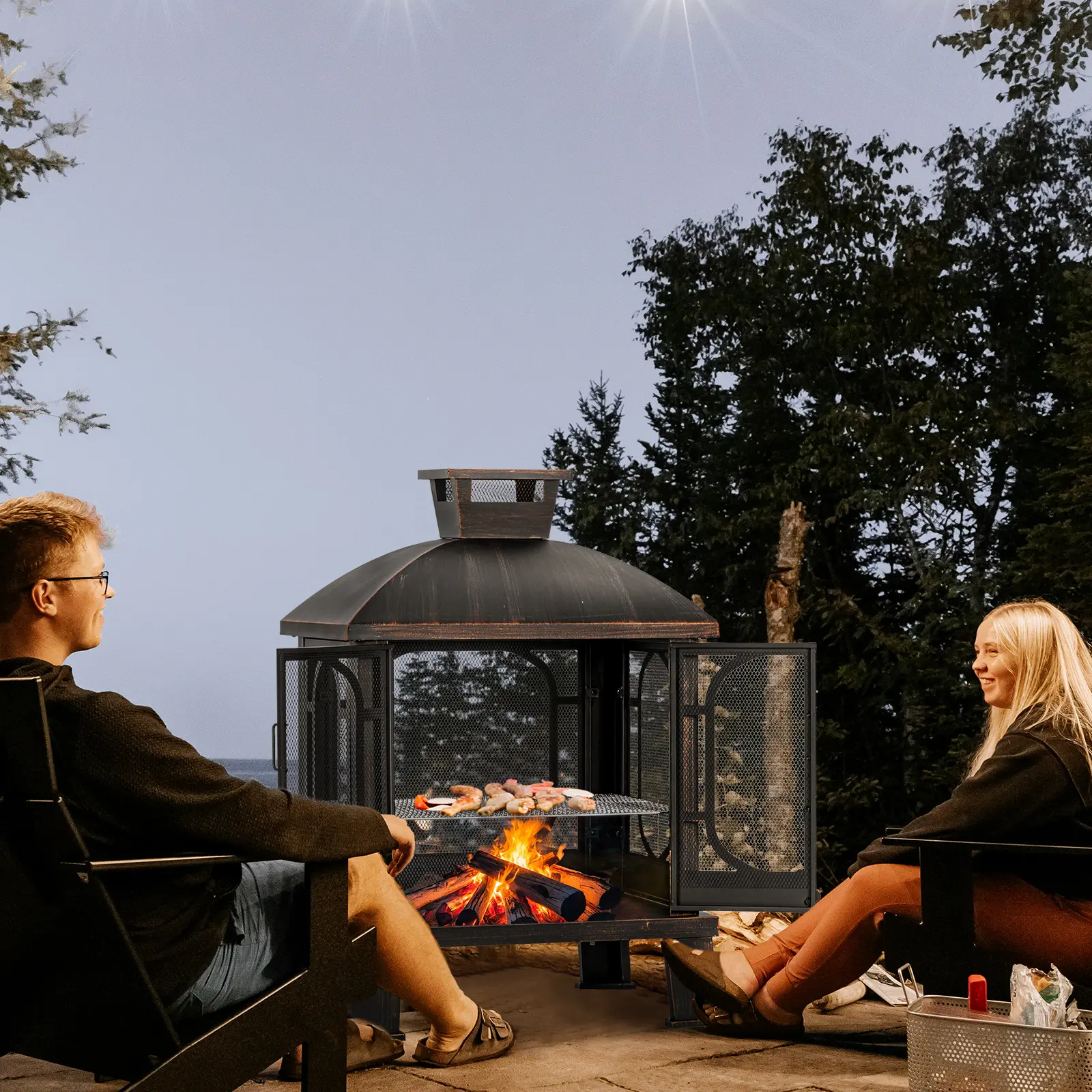 Outvue Vintage Golden Coat Iron Square Chiminea Fire Pit with Grill, Fire Poker, Mesh Spark Screen Door | Roomy Wood-Burning Outdoor Fireplace for Garden BBQ, Friends, Family