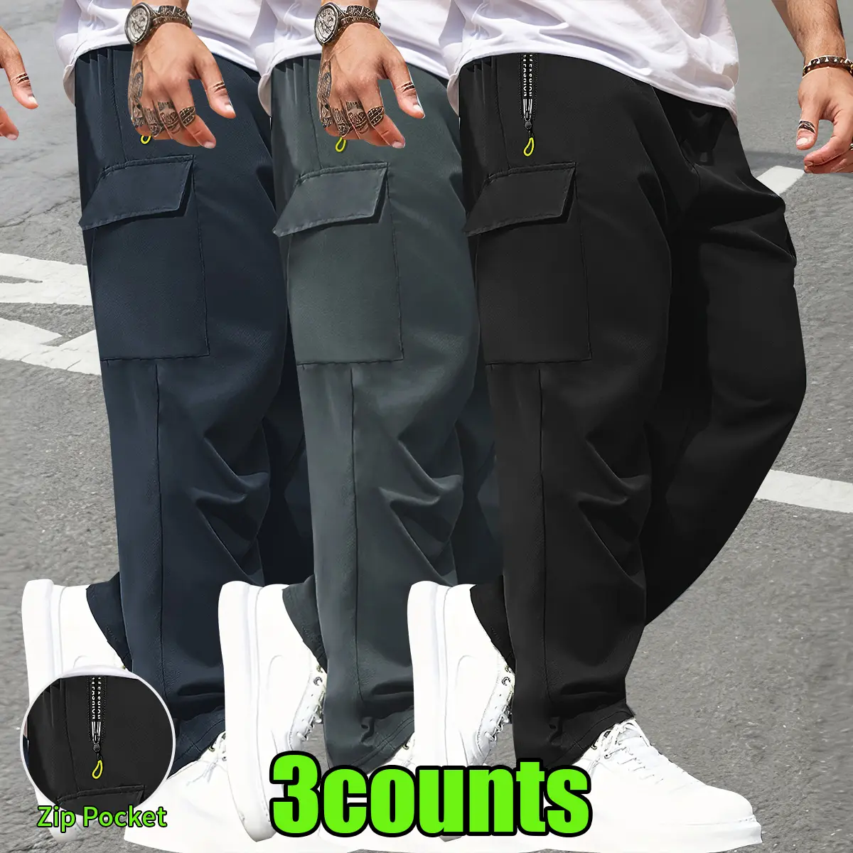 Men's Plain Cargo Pants - Multi-Pocket, Straight Leg, Non-Stretch Woven Fabric, Adjustable Drawstring Waist, Cuffed Hem, Fitted Cut, All-Season Menswear Basics, Activewear, Casual Outdoor Workwear,clothes for back to school,first day of school outfits