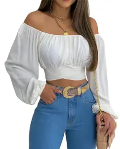 Tankaneo Woman Off Shoulder Ruched Tie Back Crop Top Summer Lantern Sleeve Boho Shirt Blouse