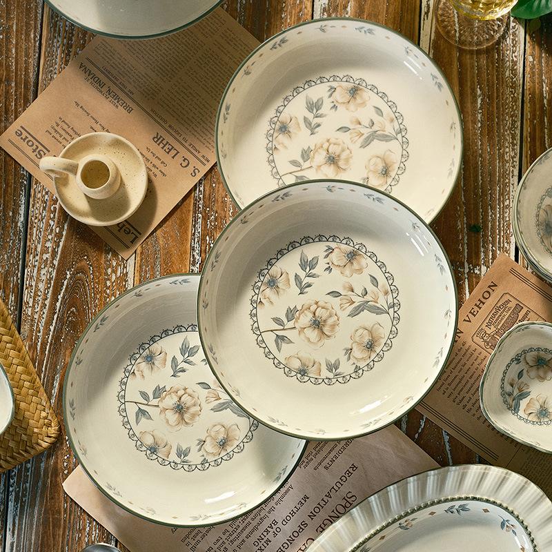 23/34/45 piece ceramic tableware set with jasmine flower pattern, rustic style, suitable for serving steak, roasted chicken, pasta, fruit salad and other delicacies, suitable for kitchens, restaurants, picnics and other places, versatile and practical