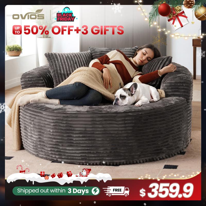【Black Friday Sale】Ovios 59" W Oversized Round Sofa Bed - Fluffy Lazy Bean Bag, Modern Deep Seat Couch for Relaxation, Plush Corduroy Fabric, 3 Pillows Included, No Assembly Required