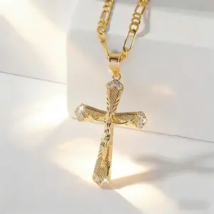 14K Gold Plated Jesus ChristCross Pendant Necklace with - Religious Medallion for &, Durable fordaily Wear, Christmas, Church Events, Year-Round Faith Gift