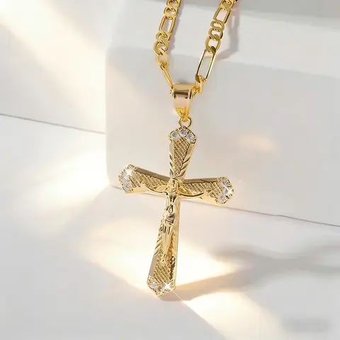 14K Gold Plated Jesus ChristCross Pendant Necklace with - Religious Medallion for &, Durable fordaily Wear, Christmas, Church Events, Year-Round Faith Gift
