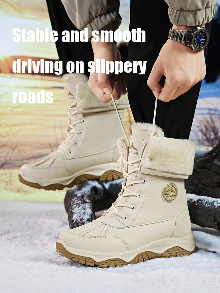 Men's Winter Internal Fleece Lined Snow Boots Casual Warm Thick Sole Suitable for Outdoor Activities Versatile Round Toe Shoes Daily Wear White Lace-Up Design