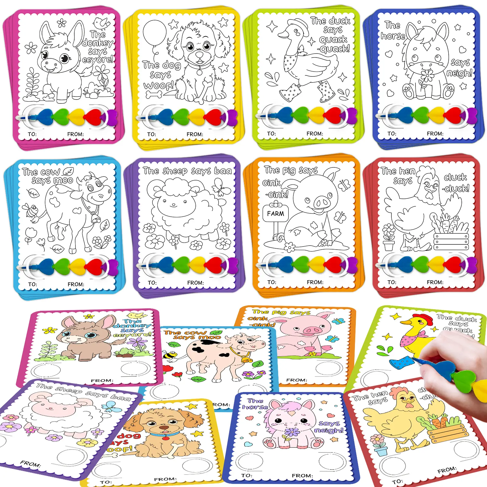 24Pcs Farm Creatures Coloring Cards Set with Stackable Crayons for Classroom Swap