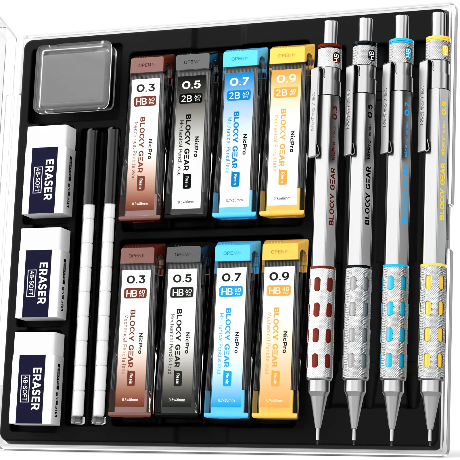 Nicpro 4-Pack Compact Full-Metal Body Grip Blocky Gear Mechanical Pencil Set (0.3/0.5/0.7/0.9 mm) - Office Stationery with Case, 8 Tubes HB/2B Lead Refills, Erasers, Eraser Refills for Art, Writing, Compact Metal Pencils, Full-Metal Body Pencils