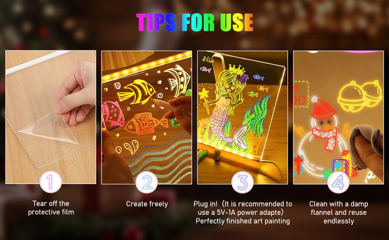 LED Note Board, Drawing board with Led Light, Drawing board, Clear Light up Dry Erase Board with Stand Glow Memo LED Letter Rewritable Message Board with 7 Color Markers