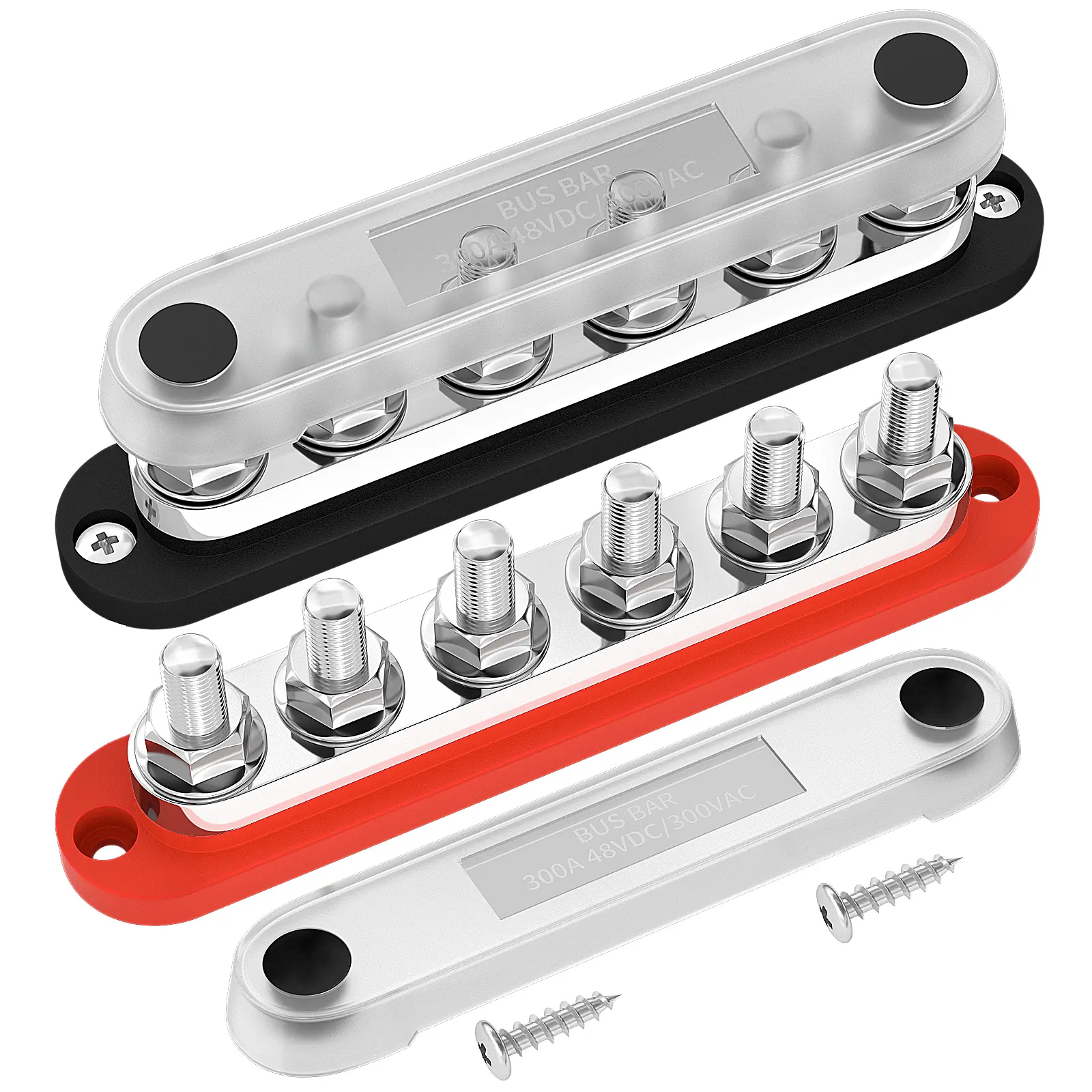 Eunik Max 300A High Current Bus Bar - Handles 300A Continuous Amperage, 12V Marine Boat Power Distribution Block with Cover & Round Corners, 6x3/8" M10 Stud Terminals (Terminal Stds Compliant), 300V AC/48V DC Positive Ground for Cars, Easy Installation