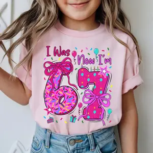 [Sale Up To 50%] 7th Birthday Girl Shirt, I Was 6 Now I’m 7 Funny Tee, 6 7 Birthday Trend Shirt, Pink Bow 7th Birthday Shirt Graphic