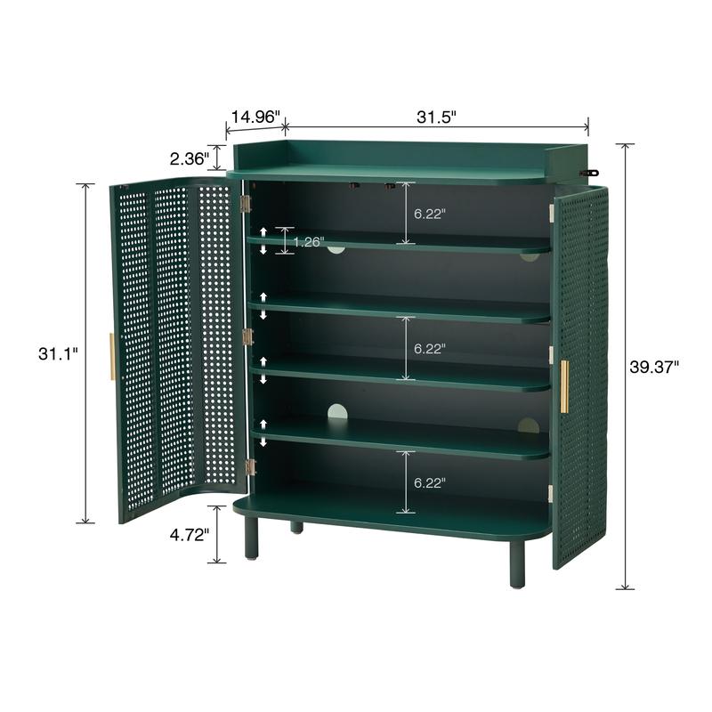 Giratree Shoe Cabinet, 5 Tier Boho Wooden Shoe Storage Organizer Cabinet with Adjustable Shelves, Shoes Rack with Iron Rattan Curved Doors Accent Cabinet for Entryway Hallway Living Room