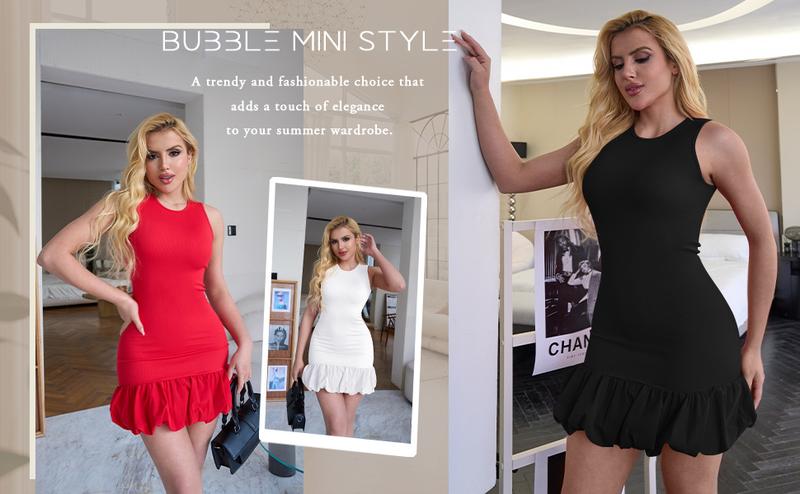 OYS Women's Summer Basic Sleeveless Crew Neck Bodycon Bubble Mini Tank Dress