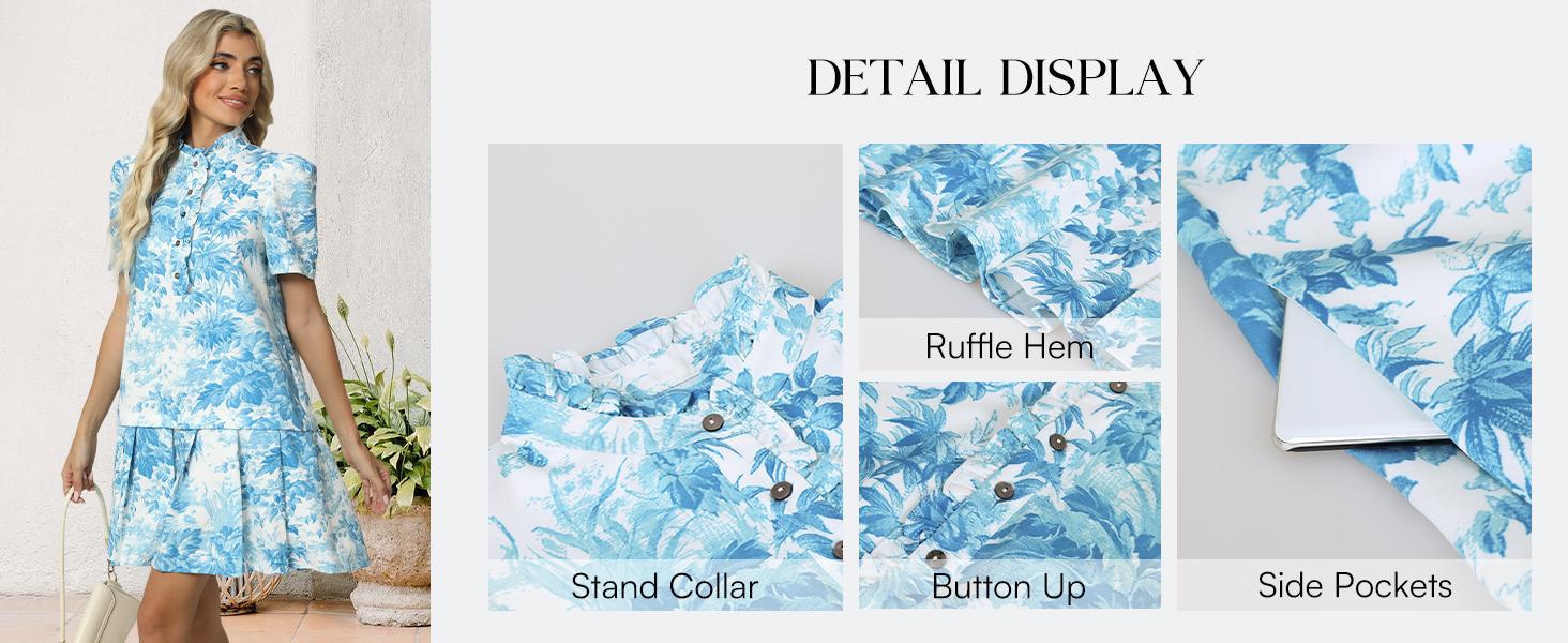 Women Floral Mini Dress Short Sleeve Stand Collar Button Up Elegant Work Swing Short Pleated Dress