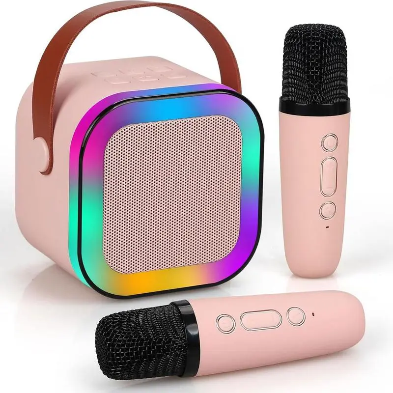 Mini karaoke machine with 2 microphones, wireless BT speaker,Bluetooth Speaker with LED Nightlight, Bluetooth party Pink karaoke