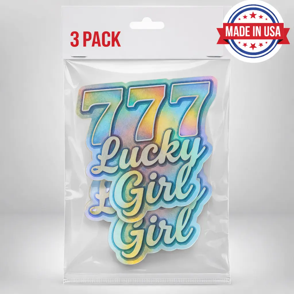 3PC 777 Lucky Girl Holographic Stickers - Waterproof Vinyl Decal with Angel Numbers 777
