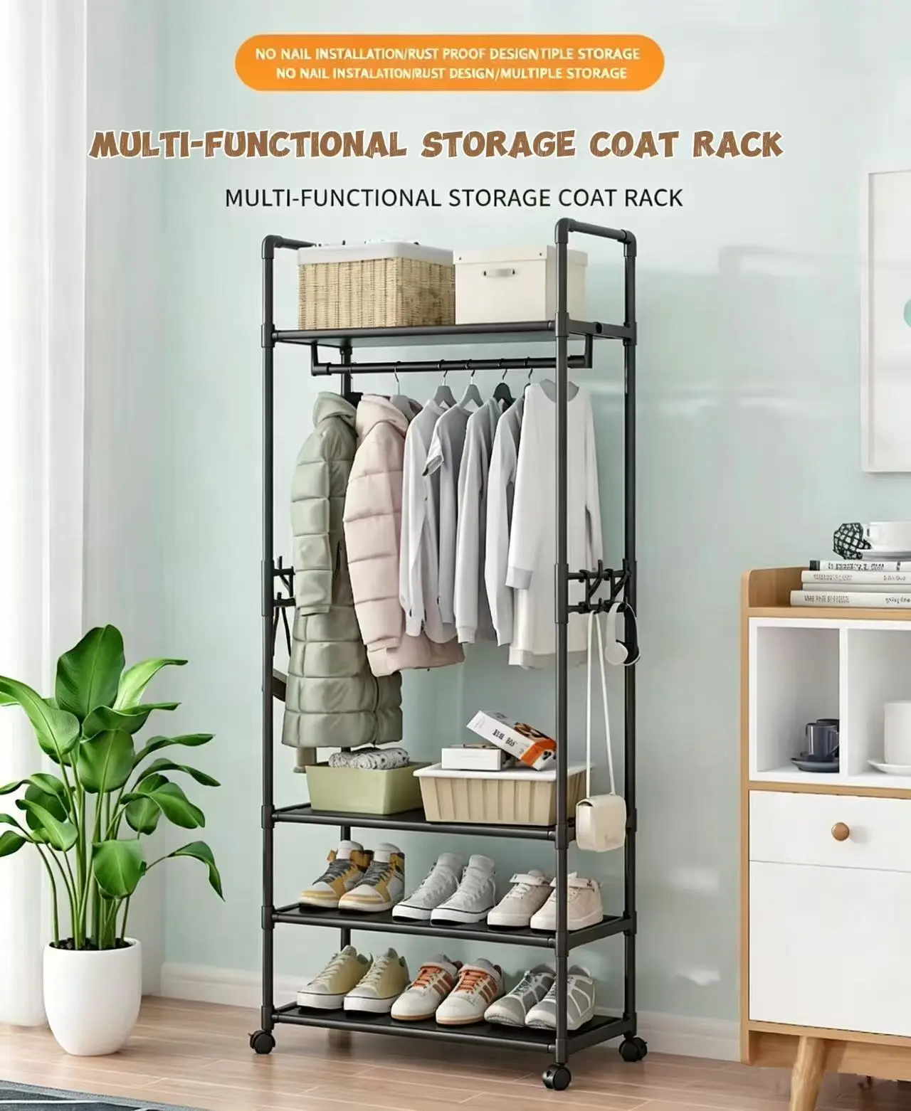 3-Tier Rolling Hanging Clothing Rack with Lockable 360° Wheels - Thick Steel Coat Stand, Hollow Waterproof Slatted Shelves, Side Hooks, Vertical Stack Freestanding Organizer for Bedroom, Shoes Storage (White & Black Available)