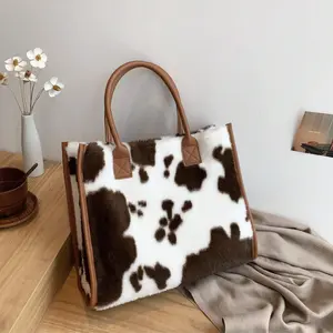 Large Capacity Cow Print Tote Bag for Women – Stylish Plush Shoulder Handbag for Casual and Daily Use