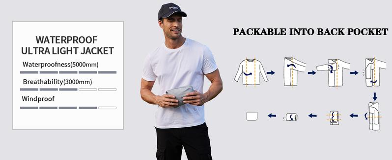 COOFANDY Men's Packable Rain Jacket Lightweight Waterproof Raincoat with Hood Outdoor Running Hiking Cycling